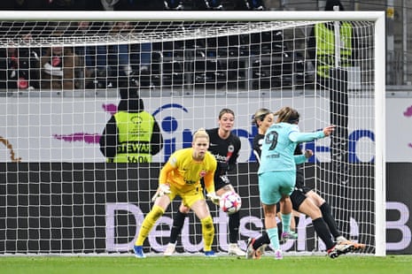 Mariona Caldentey of Barcelona scores the team's second goal at Eintracht Frankfurt.