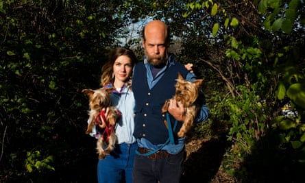 Will Oldham with his wife, Elsa, and their dogs.