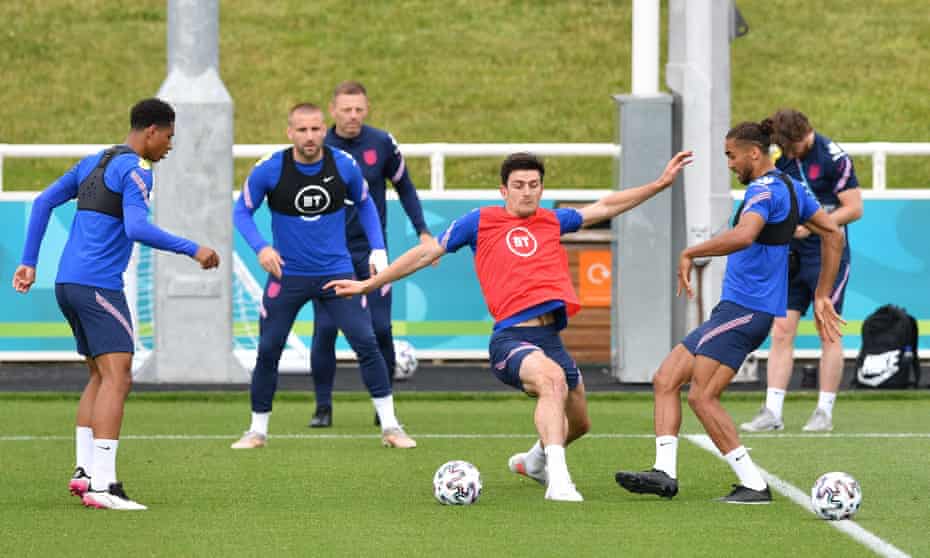 Harry Maguire in training with his England teammates on Tuesday