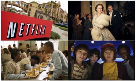 Clockwise from top left, Netflix headquarters in Los Gatos, California; The Crown; Stranger Things; and Orange is the New Black.