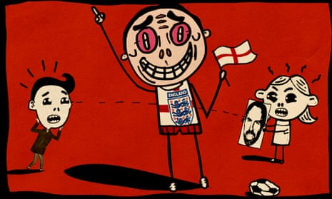Illustration of a fan in England shirt holding England flag, a flat football and a girl holding a photo of Gareth Southgate