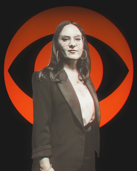 A female opinionated successful beforehand of an eye-shaped logo