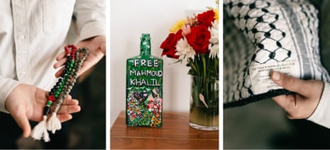 A rosary painted with the colors of the Palestinian flag; a bottle painted with the message ‘Free Mahmoud Khalil’; a hand holding the edge of a quit with a ke