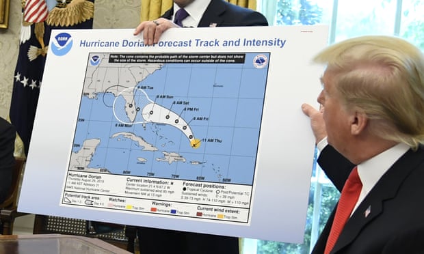 Donald Trump displays an apparently altered map of the projected path of Hurricane Dorian on Wednesday.