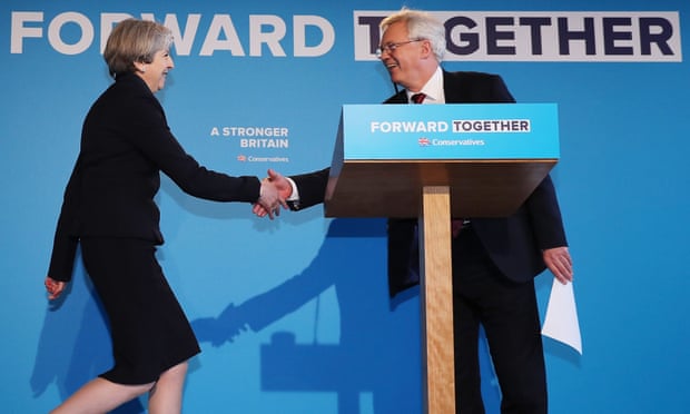 David Davis greets Theresa May to launch the Conservative party election manifesto in 2017.