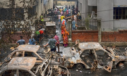 Burnt-out cars in the street