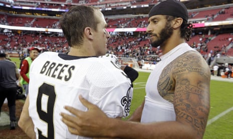 Drew Brees talks to Colin Kaepernick after a game in 2016. The Saints quarterback on Wednesday said he disagreed with Kaepernick’s protest during the national anthem