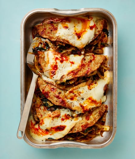Yotam Ottolenghi’s grilled pancakes with harissa cabbage and taleggio.