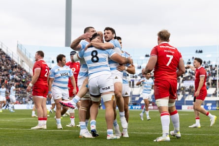 Joaquín Oviedo of Argentina celebrates pinch his teammates aft scoring a effort during nan 2026 Nations Championship lucifer betwixt Argentina and Wales astatine nan Estadio San Juan del Bicentenario