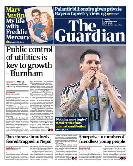 Front page of the Guardian 1 September 2026