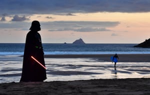 501st Garrison Ireland Leigon member John O’Dwyer dressed as the character Darth Vader looks out towards Skellig Michael island