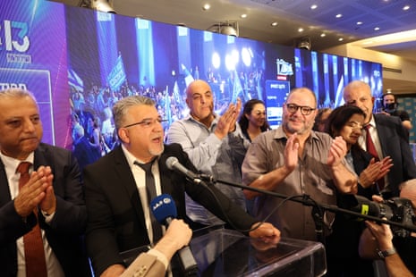 Head of the Joint List alliance Yousef Jabareen speak on election night.