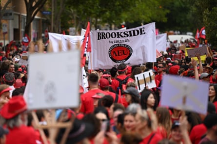 Protesters gather during a strike by public school teachers, principals, and support staff, in Melbourne