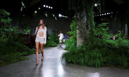 A model in a crochet short-suit
