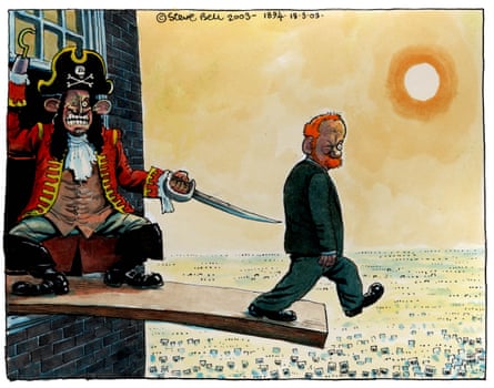 Caricature contemporaine de Steve Bell sur la démission de Robin Cook.