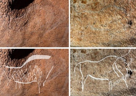 This composite shows two cave engravings representing bisons (top) and a highlighted version of them, in the Atxurra cave.