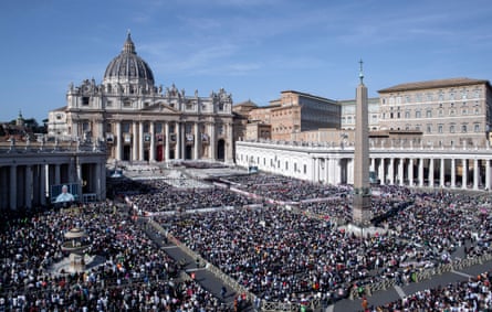 Wellwishers pack S. Peter’s Square during a Mass for the canonization of seven new saints celebrated by Pope Leo XIV on Sunday.