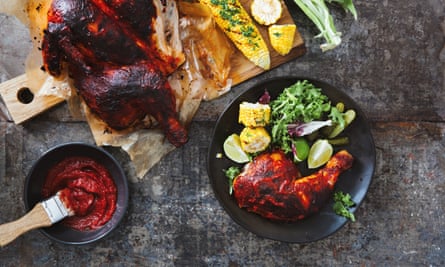 Smoky barbecued chicken with vegetables