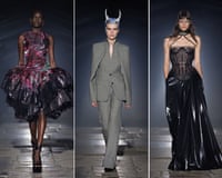 Three Alexander McQueen runway looks: a metallic ruffled dress, horned-headpiece suit, and lace corset gown
