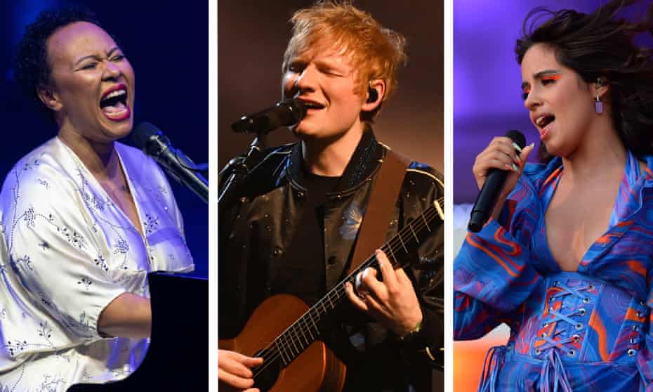 (L-R) Emeli Sandé, Ed Sheeran and Camila Cabello.