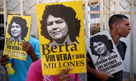 Protesters during a hearing on 3 March of Roberto David Castillo, who was arrested on charges of helping plan the murder of Berta Cáceres in 2016.