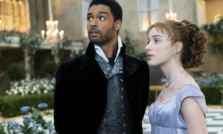 Phoebe Dynevor and Regé-Jean Page in a scene from the popular Netflix series Bridgerton.