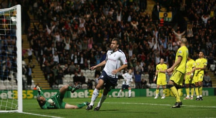 Preston’s Chris Brown scores against Tottenham in their 2009 League Cup tie.