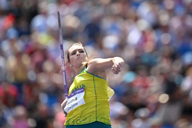 Kelsey-Lee Barber throws on her way to gold in Birmingham.