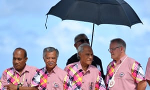 (L-R) Kiribati’s President Taneti Maamau, Cook Islands Prime Minister Henry Puna, Tonga’s Prime Minister Akilisi Pohiva and Australia’s Prime Minister Scott Morrison. Pohiva cried as he reflected on a presentation given by two young women about their fears for the future.