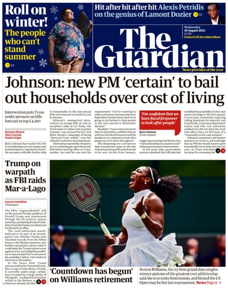 Guardian front page, 10 August 2022