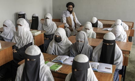 Afghan girls attend a religious school in Kabul, which has remained open since the last year’s Taliban takeover, in August 2022.