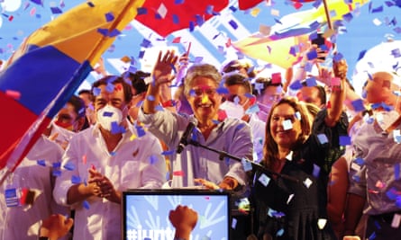 Guillermo Lasso celebrates at his campaign headquarters in Guayaquil, Ecuador.