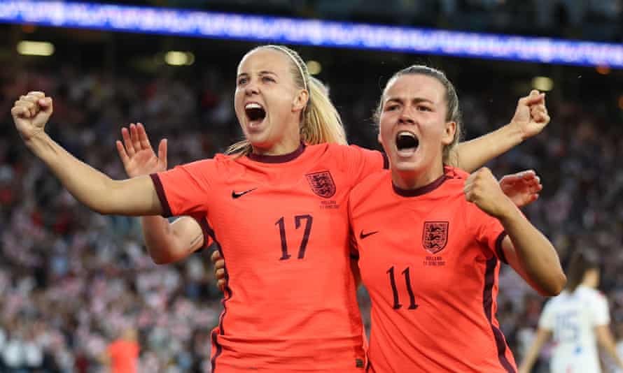 England's Beth Mead (left) celebrates her second goal with Lauren Hemp, who provided the cross which Mead converted.