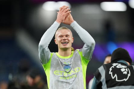 Manchester City’s Erling Haaland celebrates after the Premier League match at Burnley