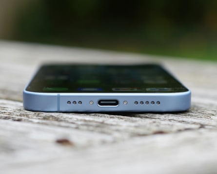 The USB-C port of an iPhone 17.