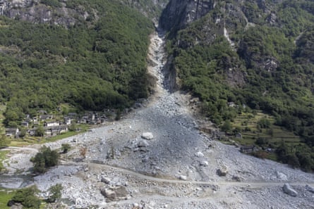 A drone photo of debris after the flooding and landslides in Fontana, Val Bavona, in the Maggia valley, 8 August 2024.