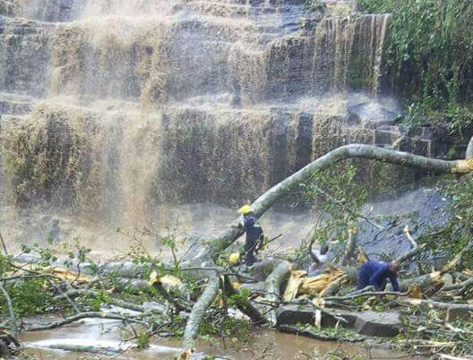 Rescuers search for tourists trapped under the fallen tree at a waterfall at Kintampo in Brong Ahafo region.