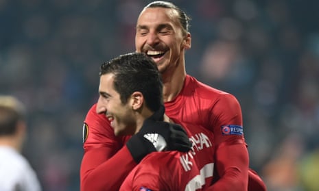 Manchester United’s Henrikh Mkhitaryan celebrates after scoring, with Zlatan Ibrahimovic.