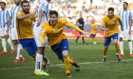 Lionel Messi runs off in delight after scoring Barcelona’s winner with an acrobatic volley.