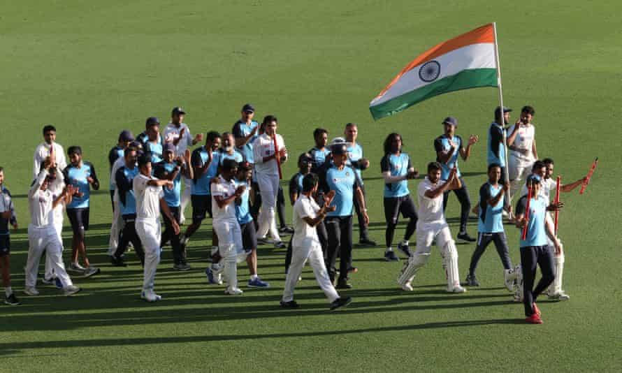 India celebrate their historic Test win against Australia at the Gabba in January.