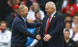 Eddie Jones shakes hands with Warren Gatland before England’s match against Wales earlier in the tournament.