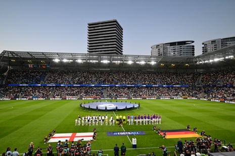 The England and Germany players line up before the Under-21 Championship final.