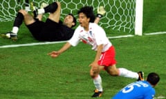Ahn Jung-hwan celebrates scoring a famous goal past Gigi Buffon.