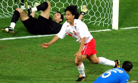 Ahn Jung-hwan celebrates scoring a famous goal past Gigi Buffon.