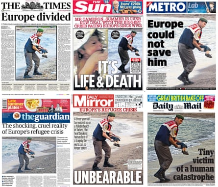 The front pages of six British newspapers, which feature the shocking image of a drowned Syrian boy washed up on a beach in Turkey.