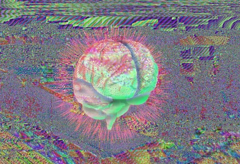 An illustration shows a brain in a neon green hue with pink light emanating from it on a chaotic landscape of colors