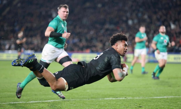 New Zealand’s Ardie Savea dives in for his second try of the match at Eden Park.