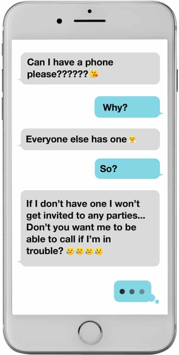 A phone screen with a text conversation between a child asking for a phone and a parent asking why they need one