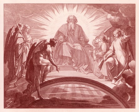 Mephisto in front of God and the three archangels, drawn by August von Kreling in Goethe’s Faust.