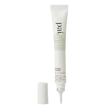 Pai Feather Canyon Eye Cream tube and lid. The tube is thin, white with black text and squeezable with a fine nozzle.